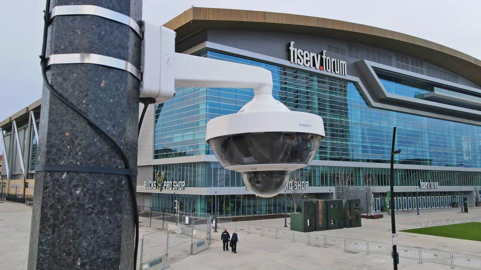 A surveillance camera outside Fiserv Forum in Milwaukee on Monday, March 4, 2024.