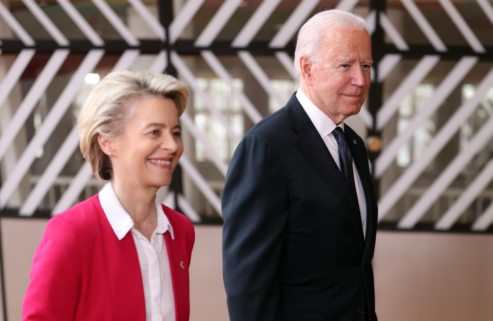 BRUSSELS, BELGIUM - JUNE 15: U.S. President, Joe Biden (R) meets European Council President Charles Michel (not seen) and President of the European Commission, Ursula von der Leyen (L) for the EU -USA Summit in Brussels, Belgium on June 15, 2021. (Photo by Dursun Aydemir/Anadolu Agency via Getty Images)