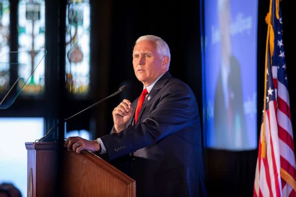PHOTO: Former Vice President Mike Pence speaks to a crowd of supporters at the University Club of Chicago on June 20, 2022, in Chicago. (Jim Vondruska/Getty Images, FILE)