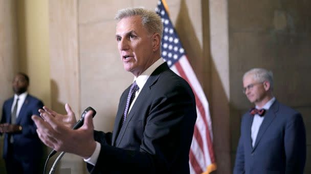 PHOTO: Speaker of the House Kevin McCarthy talks to reporters outside his office following his discussions at the White House with President Joe Biden on the impasse over the government's debt ceiling, at the Capitol in Washington, May 22, 2023. (J. Scott Applewhite/AP)