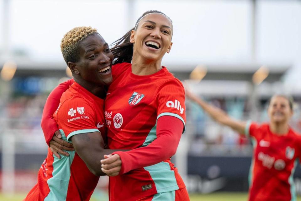 Kansas City Current forward Bia Zaneratto (9) celebrates a goal in the first half with forward Temwa Chawinga (6) during an NWSL game against Bay FC on Saturday, April 20, 2024, in Kansas City.