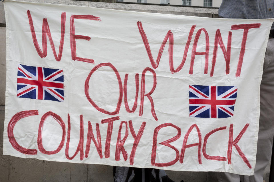 On the day that British Prime Minister Boris Johnson sought to have Parliament suspended by Queen Elizabeth, days after MPs return to work in September - and only a few weeks before the Brexit deadline, Leave voters protest with their We Want Our Country Back banners opposite the Cabinet Office where daily Brexit contingency planning meetings take place, on 28th August 2019, in Whitehall, Westminster, London, England. (Photo by Richard Baker / In Pictures via Getty Images)