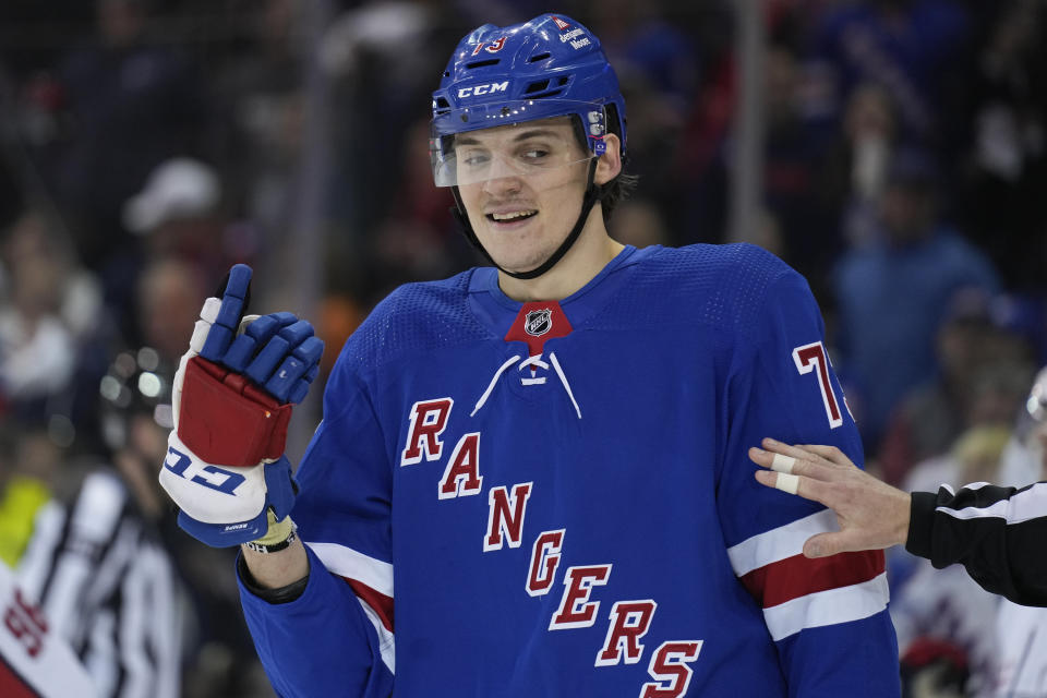 New York Rangers' Matt Rempe reacts during the third period in Game 1 of an NHL hockey Stanley Cup first-round playoff series against the Washington Capitals, Sunday, April 21, 2024, in New York. (AP Photo/Seth Wenig)