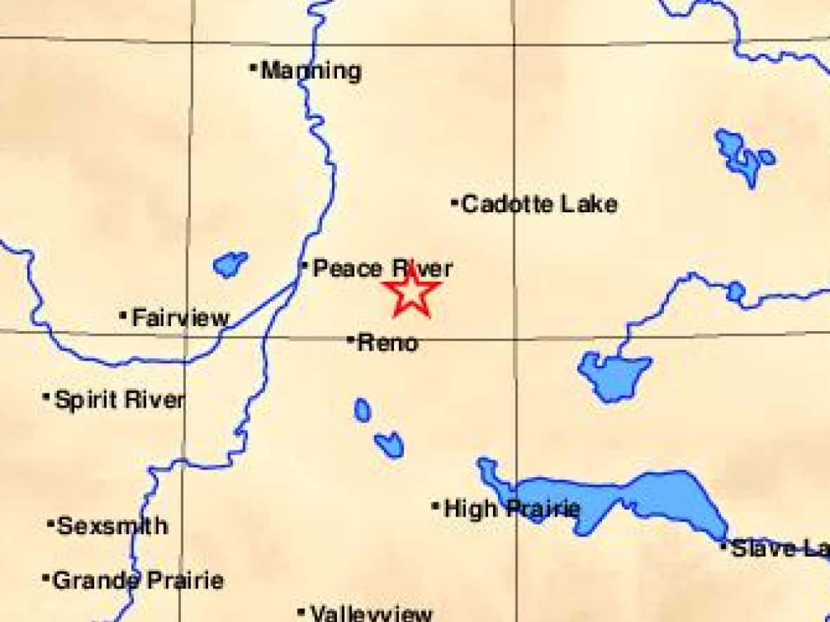 This image shows the approximate location of a 5.2-magnitude earthquake reported in northern Alberta Tuesday.  (Earthquakes Canada - image credit)