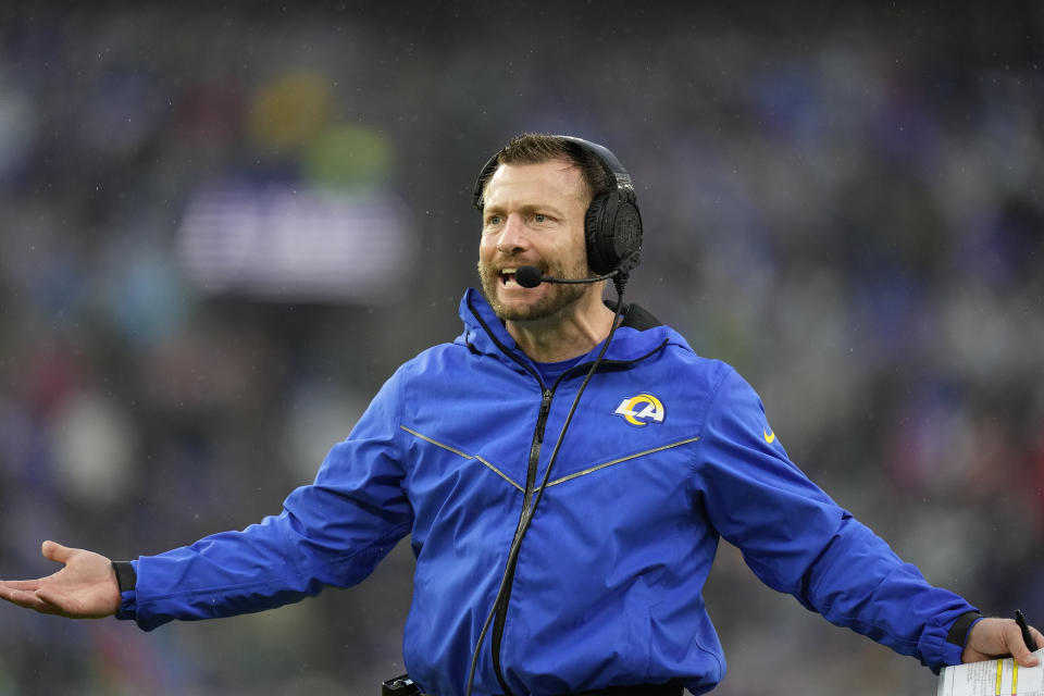 Los Angeles Rams head coach Sean McVay shouts at officials during the second half of an NFL football game against the Baltimore Ravens Sunday, Dec. 10, 2023, in Baltimore. (AP Photo/Alex Brandon)