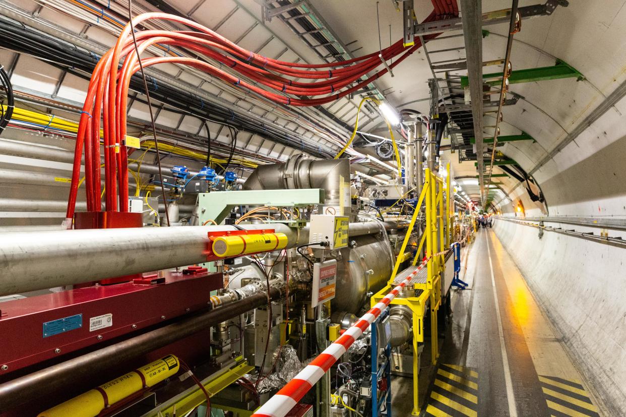 MEYRIN, SWITZERLAND - SEPTEMBER 14: A part of complex Large Hadron Collider (LHC) is seen underground during the Open Days at the CERN particle physics research facility on September 14, 2019 in Meyrin, Switzerland. The 27km-long Large Hadron Collider is currently shut down for maintenance, which has created an opportunity to offer access to the public. CERN, the European Organization for Nuclear Research, is the world's largest laboratory for research into particle physics. (Photo by Ronald Patrick/Getty Images)
