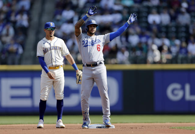 Los Angeles Dodgers' Austin Barnes celebrates a home run during the sixth  inning in Game 3 of t …