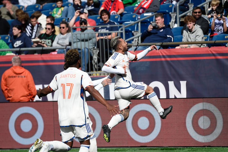 FC Cincinnati midfielder Luciano Acosta (10) celebrates his goal scored in the second half. Acosta subbed in after halftime and dominated in FCC's eventual 2-1 victory.