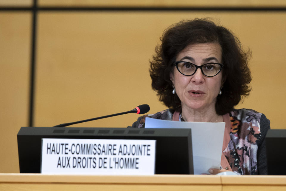 Nada Al-Nashif, UN Deputy High Commissioner for Human Rights, addresses her statement during the Human Rights Council special session on "the human rights implications of the crisis in Myanmar" at the European headquarters of the United Nations in Geneva, Switzerland, Friday, Feb. 12, 2021. The special session of the Human Rights Council on the situation in Myanmar is take in person and in virtualle due to the coronavirus pandemic. (Salvatore Di Nolfi/Keystone via AP)