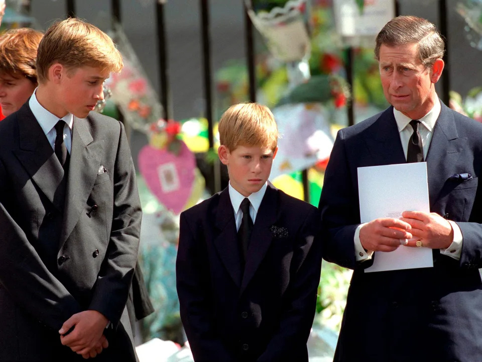 King Charles with Prince William and Prince Harry at Princess Diana's funeral 1997