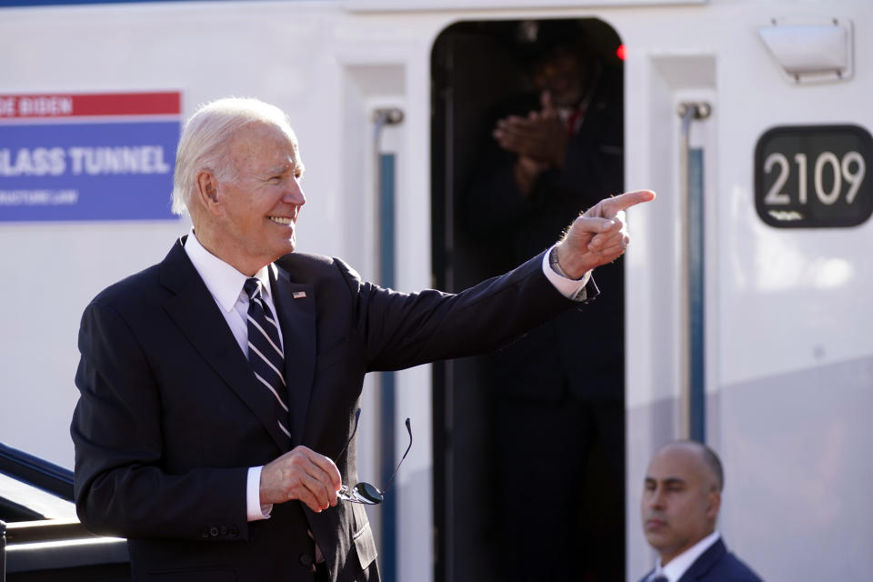 President Joe Biden waves as he speaks about infrastructure at the Baltimore and Potomac Tunnel North Portal in Baltimore, Monday, Jan. 30, 2023. (AP Photo/Andrew Harnik)