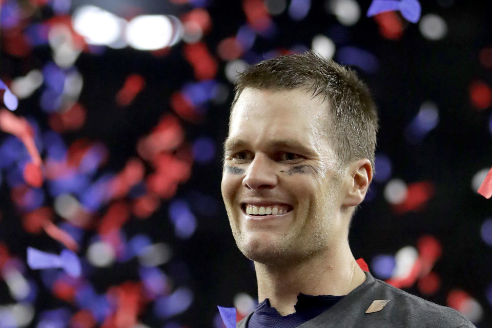 HOUSTON, TX - FEBRUARY 05:  Tom Brady #12 of the New England Patriots celebrates after the Patriots celebrates after the Patriots defeat the Atlanta Falcons 34-28  during Super Bowl 51 at NRG Stadium on February 5, 2017 in Houston, Texas.  (Photo by Ronald Martinez/Getty Images)