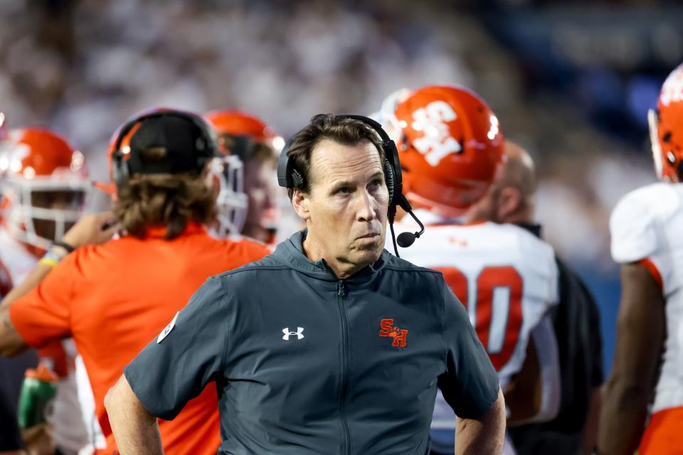 Sam Houston Bearkats head coach K.C. Keeler walks on the field during a time out in the game against the BYU Cougars at LaVell Edwards Stadium in Provo on Saturday, Sept. 2, 2023. | Spenser Heaps, Deseret News