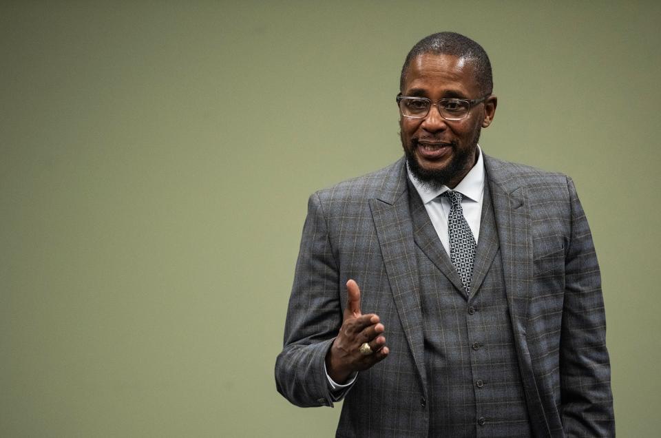 Attorney Malik Shabazz calls for the resignation of Rankin County Sheriff Bryan Bailey during a town hall meeting about police brutality hosted by the Rankin County NAACP at the Brandon Public Library in Brandon, Miss., on Tuesday, Mar. 19, 2024. "Your days are numbered," Shabazz said.
