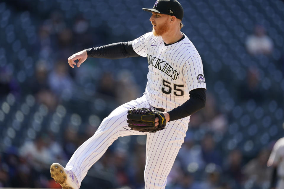 Colorado Rockies starting pitcher Jon Gray works against the San Francisco Giants in the sixth inning of a baseball game Wednesday, May 5, 2021, in Denver. (AP Photo/David Zalubowski)