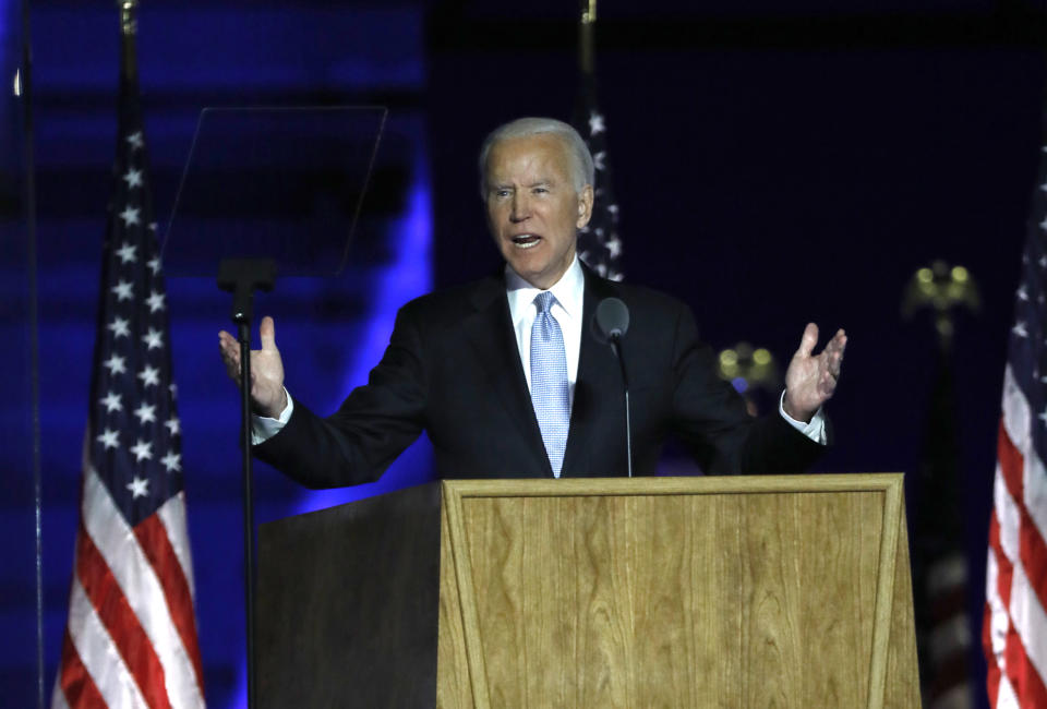 Wilmington, PennsylvaniaNov. 7, 2020President-elect Joe Biden addresses supporters at Chase Center in Wilmington, DE, on Nov, 7, 2020 after being named the winners. (Carolyn Cole / Los Angeles Times via Getty Images)