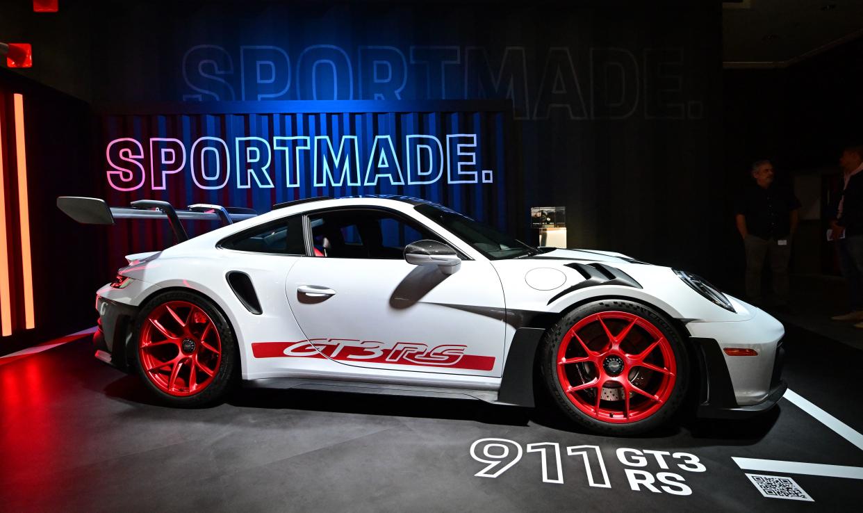 The Porsche 911 GT3 RS on display at the 2022 Los Angeles Auto Show in Los Angeles, California, on November 17, 2022. (Photo by Frederic J. BROWN / AFP) (Photo by FREDERIC J. BROWN/AFP via Getty Images)