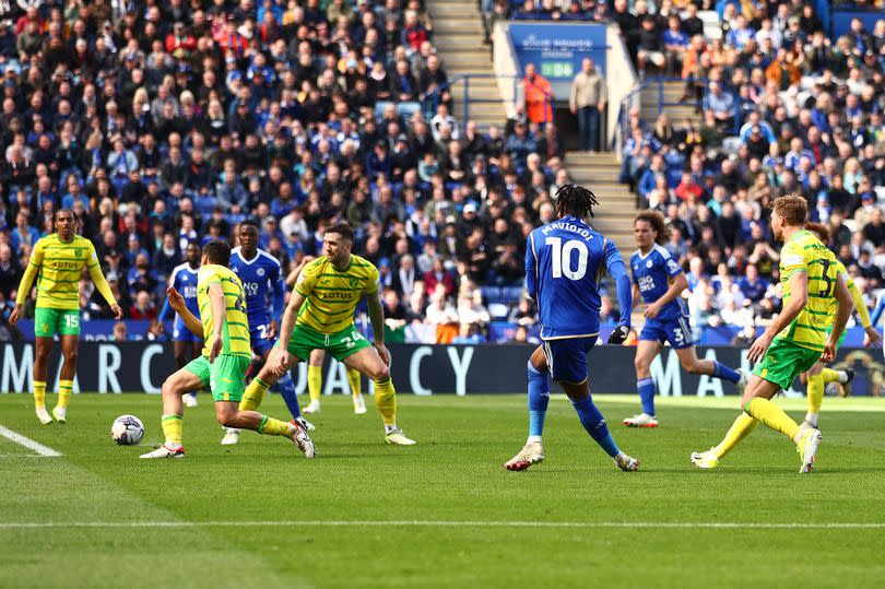 Stephy Mavididi scores Leicester City's second goal against Norwich City at the King Power Stadium.