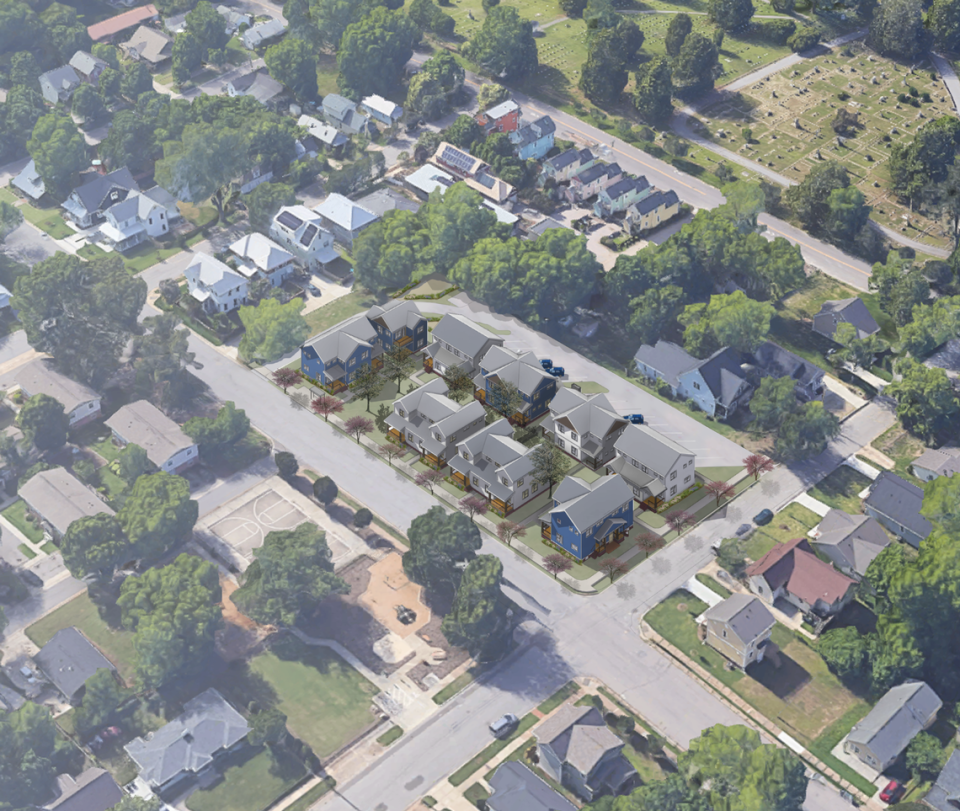 An aerial view of Cottages of Idlewild, Raleigh’s first affordable “cottage court,” at 907 E. Lane Street. RALT