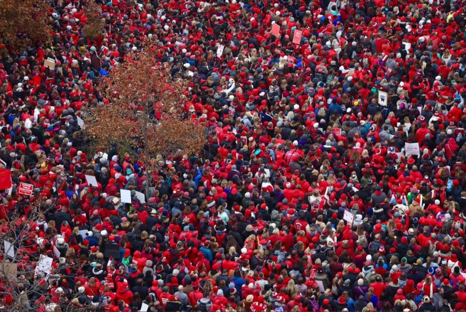 Thousands of teachers gathered outside the Indiana Statehouse for Red for Ed Action Day on Tuesday, Nov. 19, 2019.