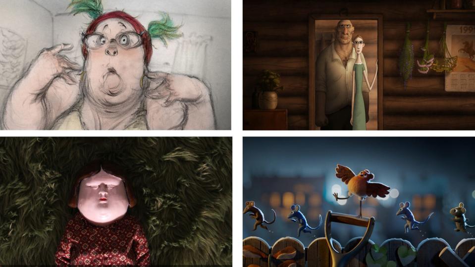Oscar nominated animated shorts the Ryder Film Series will be showing include, clockwise from upper left, "Affairs of the Art," "Boxballet," "Robin Robin" and "Bestia."