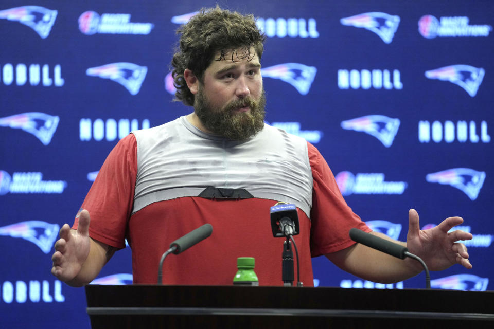 New England Patriots center David Andrews speaks to reporters during an NFL football news conference, Tuesday, July 25, 2023, in Foxborough, Mass. (AP Photo/Steven Senne)