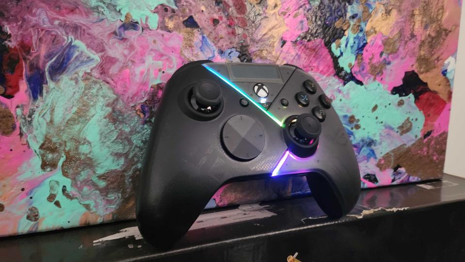 Asus ROG Raikiri controller on a colourful background