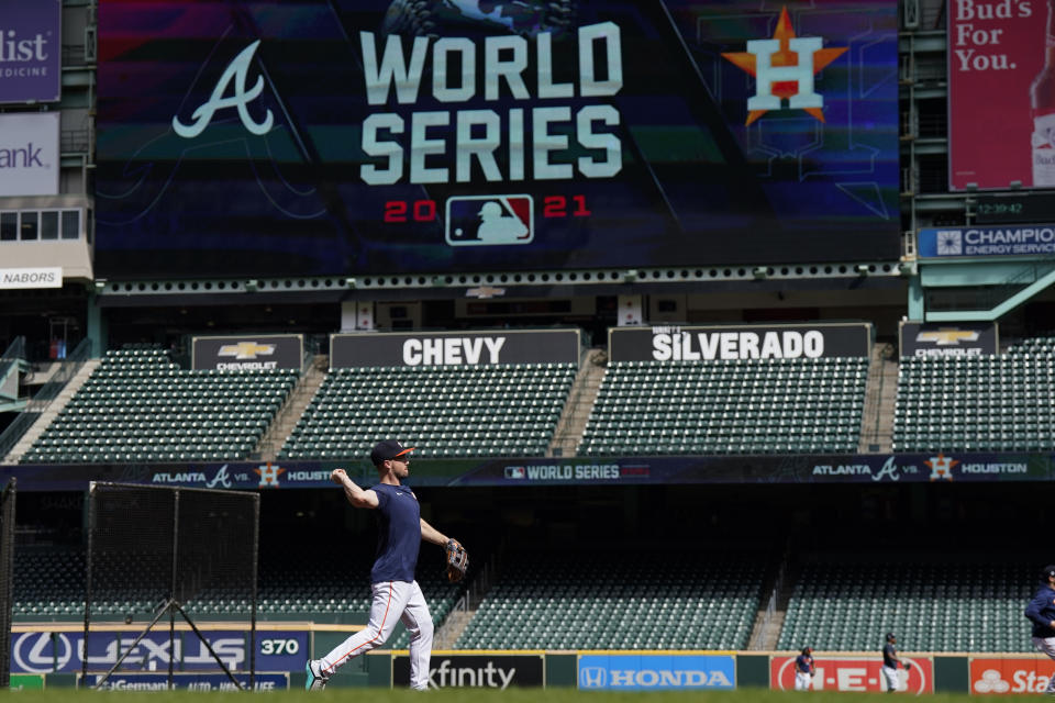 Houston Astros third baseman Alex Bregman warms up during batting practice Monday, Oct. 25, 2021, in Houston, in preparation for Game 1 of baseball's World Series tomorrow between the Houston Astros and the Atlanta Braves. (AP Photo/David J. Phillip)