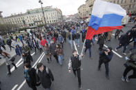 <p>Protesters attend a rally in St. Petersburg, Russia, Saturday, May 5, 2018. (Photo: Dmitri Lovetsky/AP) </p>