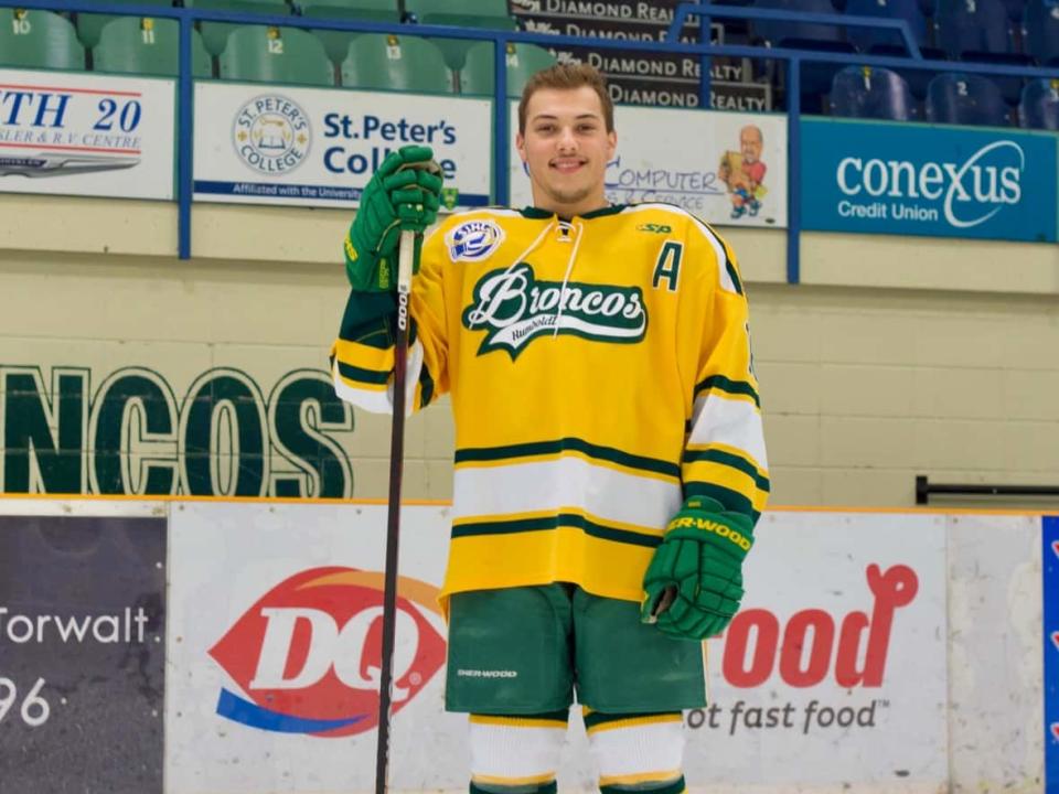 Former Humboldt Bronco, Kaleb Dahlgren, is donating all the proceeds from his best-selling book to STARS air ambulance.  (Submitted by Kaleb Dahlgren - image credit)