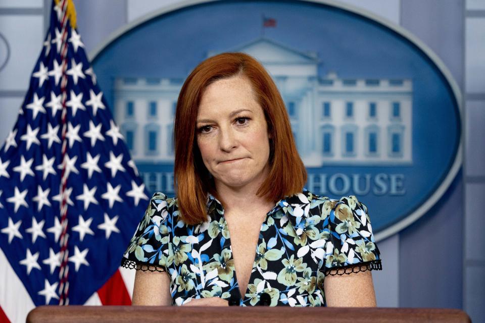 FILE - White House press secretary Jen Psaki listens to a question from a reporter during a press briefing in the White House in Washington, April 16, 2021. Psaki, whose last day on the job is Friday, has answered reporters' questions nearly every weekday of the almost 500 days that Biden has been in office. That makes her a top White House communicator and perhaps the administration's most public face, behind only the president and Vice President Kamala Harris. Her departure could complicate how Biden's message gets out at a critical time for him, at least in the short term. (AP Photo/Andrew Harnik, File)