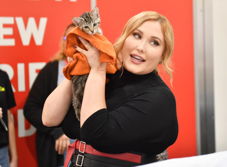 <p>Hayley Hasselhoff makes a cute new pal at CatCon 2022 at the Pasadena Convention Center in California on Oct. 1. </p>