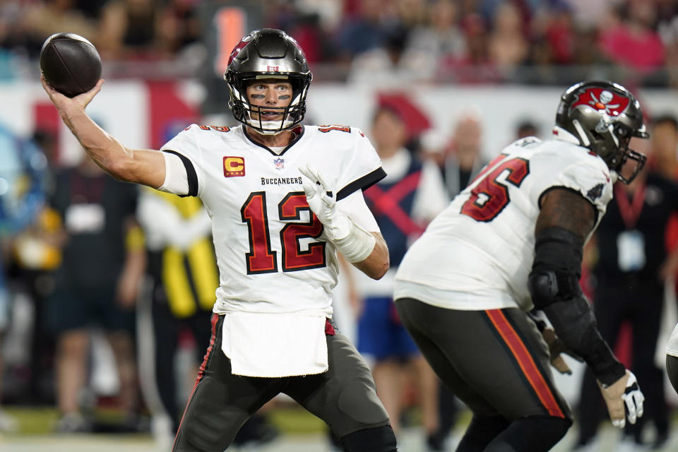 Tampa Bay Buccaneers quarterback Tom Brady (12) throws a pass during the second half of an NFL football game against the Kansas City Chiefs Sunday, Oct. 2, 2022, in Tampa, Fla. (AP Photo/Chris O'Meara)