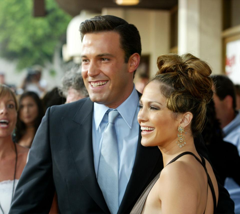 Actress Jennifer Lopez and actor Ben Affleck attend the premiere of Revolution Studios' and Columbia Pictures' film "Gigli" on July 27, 2003, in Westwood, California.