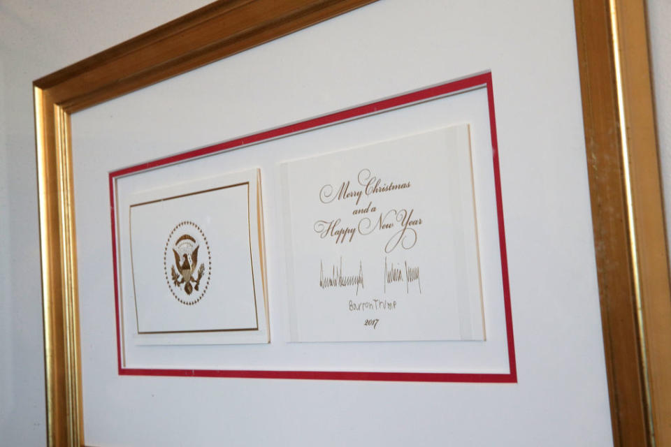 WASHINGTON, DC - NOVEMBER 27: The 2017 official White House Christmas card is on display during a press preview of the 2017 holiday decorations November 27, 2017 in Washington, DC. The theme of the White House holiday decorations this year is "Time-Honored Traditions."