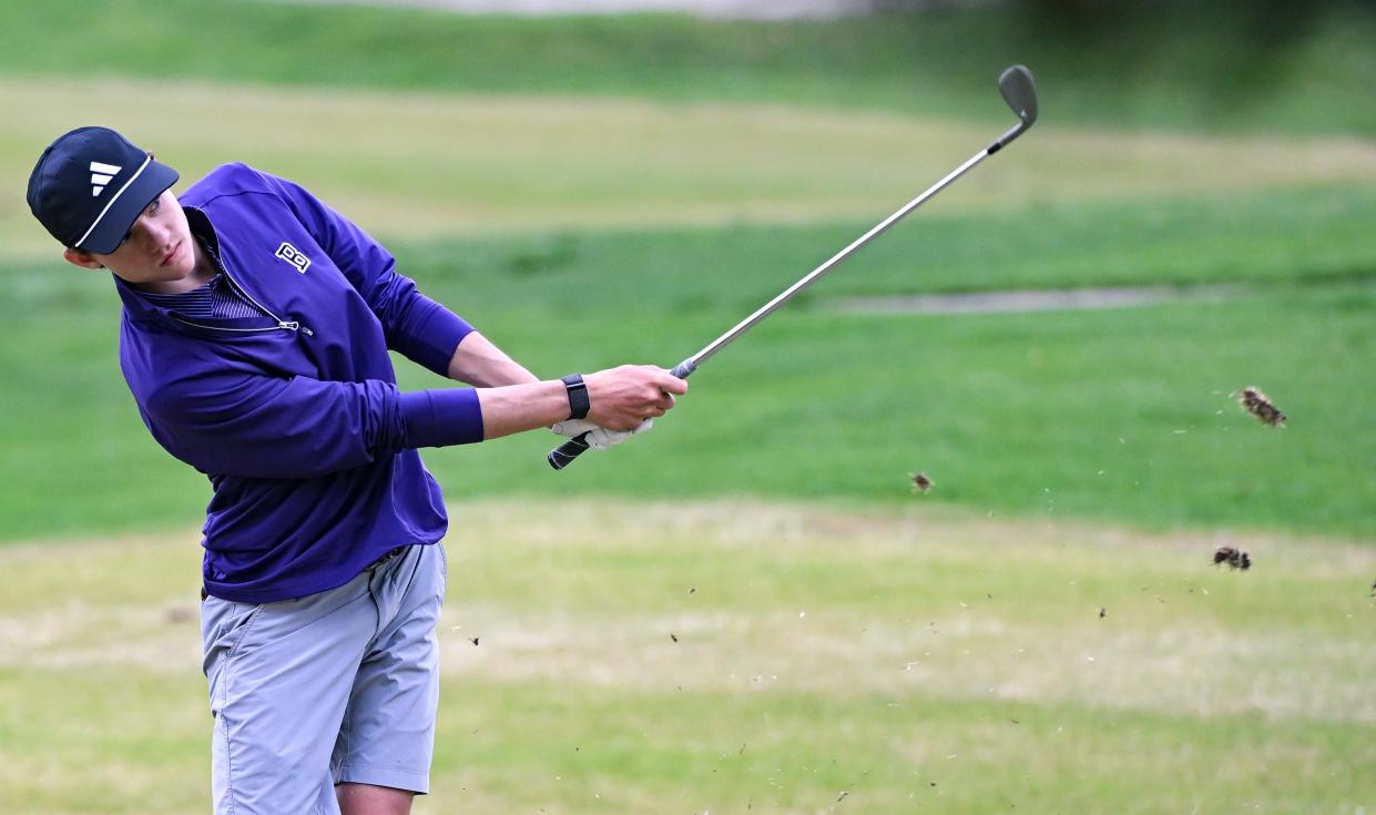 Bloomington South’s Happy Gilmore hits a shot during the golf match against Edgewood at Cascades Golf Course on Tuesday, April 9, 2024.