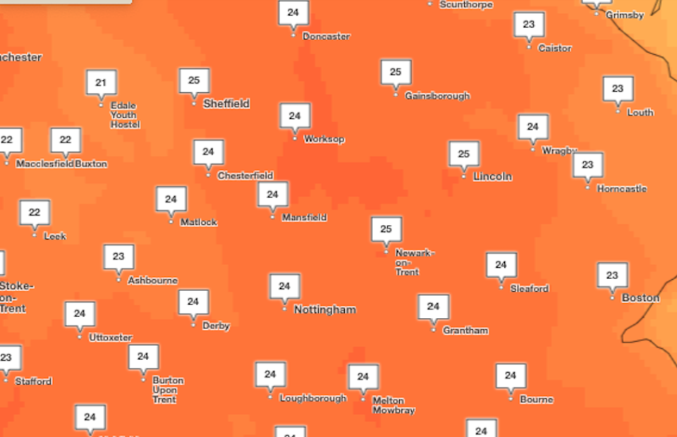 In the north on Tuesday, temperatures will peak at 25c in parts of Yorkshire, Nottinghamshire and Lincolsnhire at around 4pm. (Met Office)