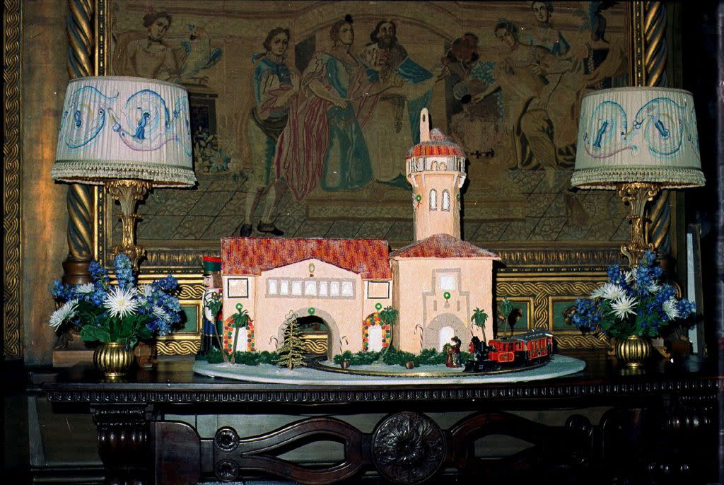 View of a model of main building of Mar-a-Lago mansion, displayed in its living room