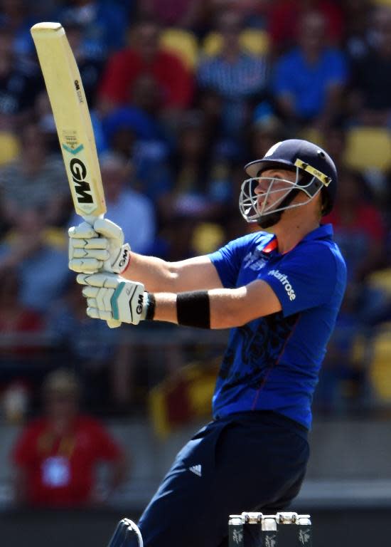 England's batsman Joe Root hits out against the Sri Lanka bowling during their Cricket World Cup Pool A match in Wellington, on March 1, 2015