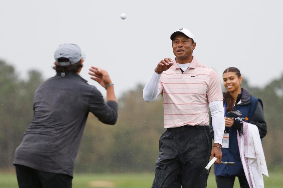 Charlie Woods, Tiger Woods, and Sam Woods at the 2023 PNC Championship.