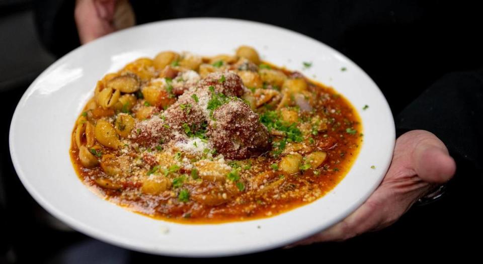 The Cavatelli Catania pasta dish at Garozzo’s comes with sautéed mushrooms, red onions, red pepper and garlic in a crushed tomato sauce, topped with Romano cheese. It’s even better with sausage and a meatball.