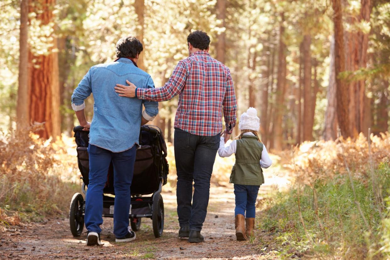 Gay Male Couple Pushing Children In Buggy Through Woods