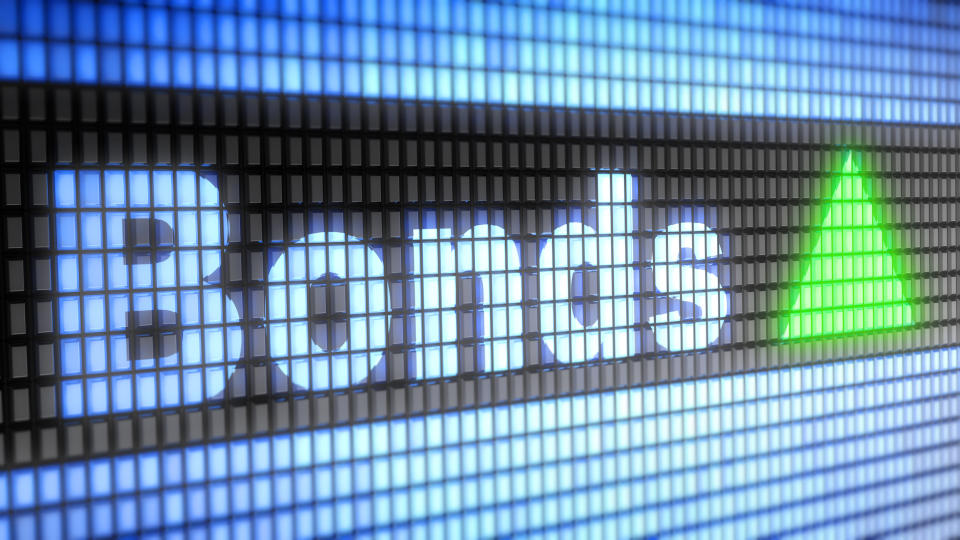 The word Bonds appears on an electric screen with a green triangle next to it.