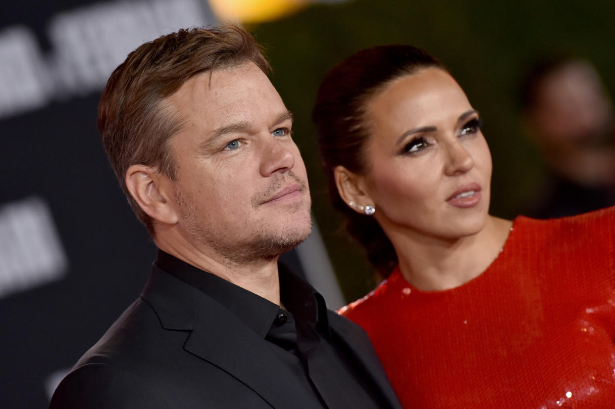 HOLLYWOOD, CALIFORNIA - NOVEMBER 04: Matt Damon and Luciana Barroso attend the Premiere of FOX's "Ford v Ferrari" at TCL Chinese Theatre on November 04, 2019 in Hollywood, California. (Photo by Axelle/Bauer-Griffin/FilmMagic)