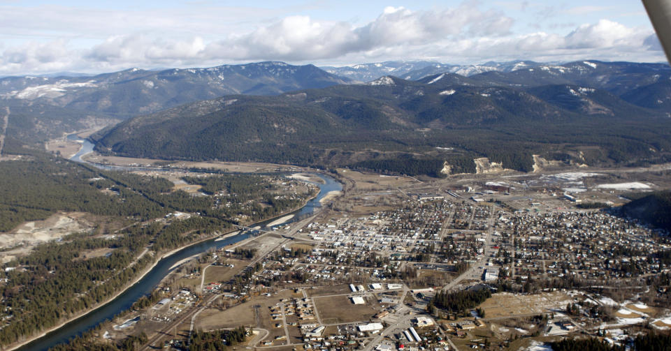 FILE - An aerial view of the town of Libby, Mont., Feb. 17, 2010. Libby, the town of 3,000 along the Kootenai River has emerged as one of deadliest Superfund pollution sites in the nation's history. A jury on Monday, April 22, 2024, sided with plaintiffs who said BNSF Railway contributed to the deaths of two people exposed to asbestos in Libby decades ago. (AP Photo/Rick Bowmer, File)