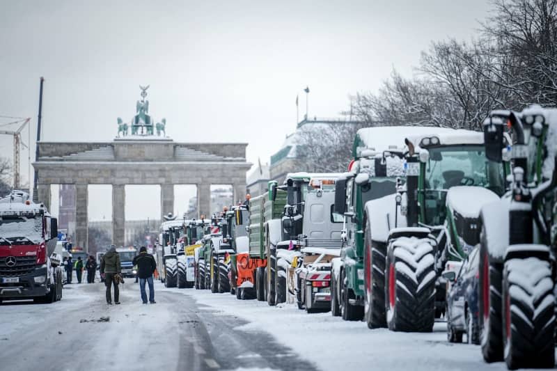 Numerous snow-covered tractors stand on the Strasse des 17 during protest against planned cuts in subsidies by the German government, including for agricultural diesel. Member states of the European Union on Monday agreed to loosen the environmental regulations for farmers seeking subsidies under the EU's Common Agricultural Policy (CAP). Kay Nietfeld/dpa