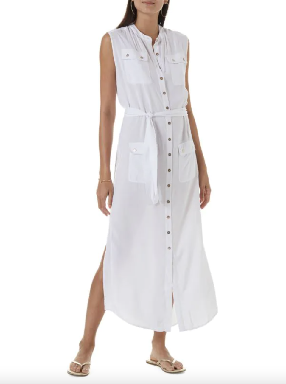 model in sleeveless white button down dress, ​Melissa Odabash Charlene Belted Button Shirt Dress (Photo via Saks Off Fifth)