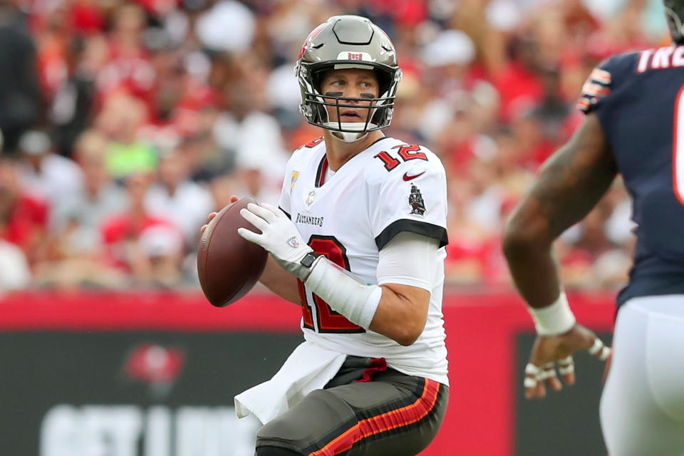 Seen here, Tampa Bay's Tom Brady gets set to throw a pass in the NFL match against Chicago. 