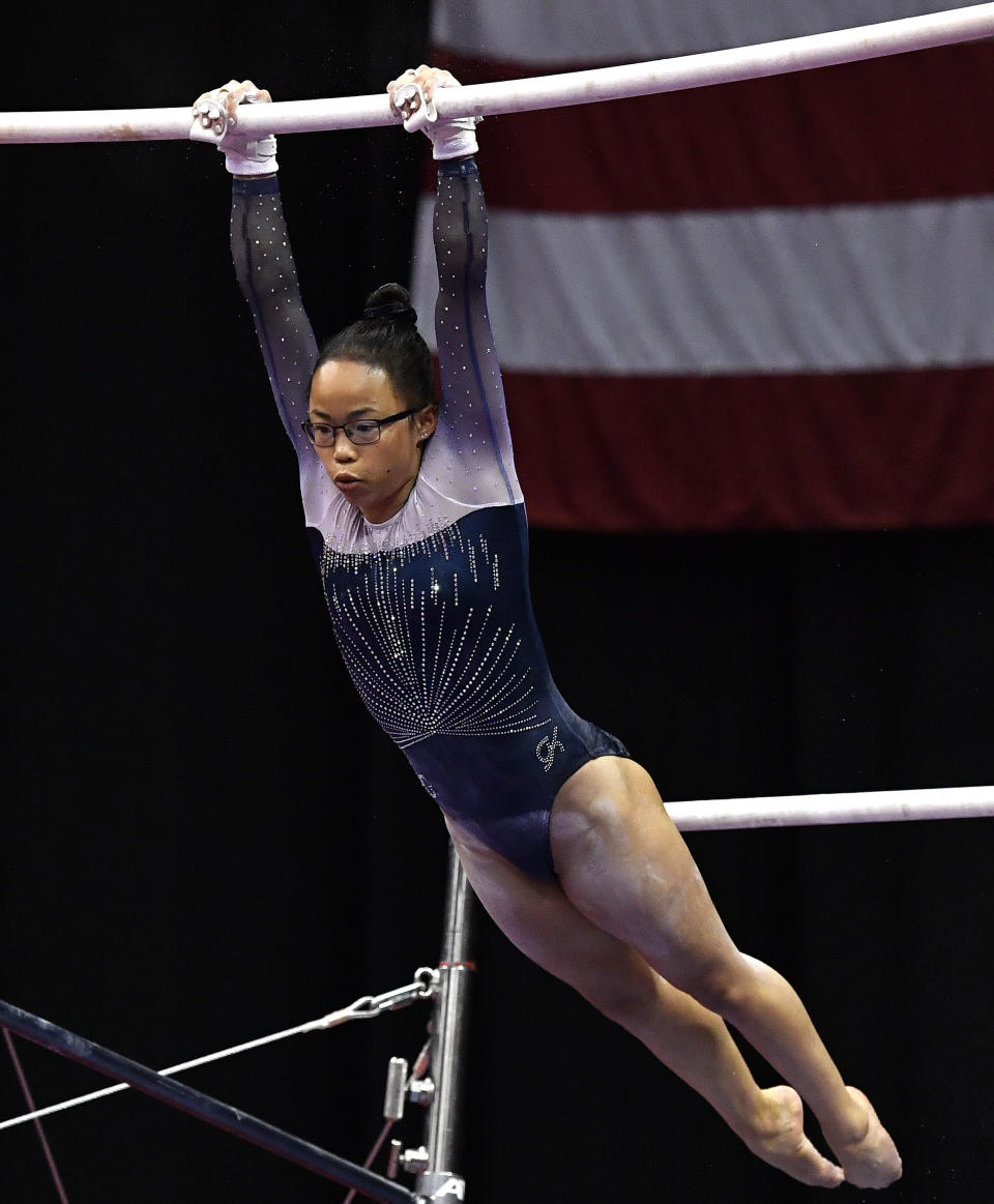 Morgan Hurd performs her routine on the uneven bars during the GK US Classic gymnastics meet in Louisville, Ky., Saturday, July 20, 2019. (AP Photo/Timothy D. Easley)