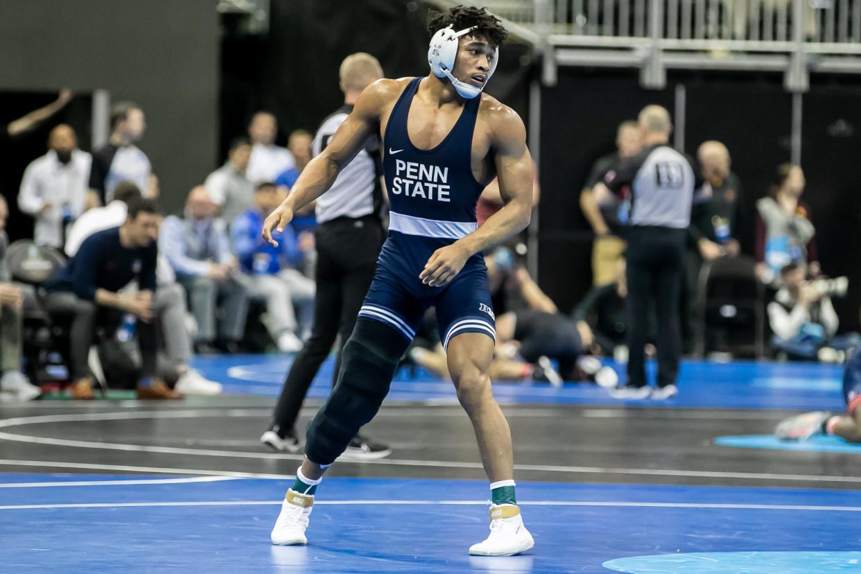 Mar 22, 2024; Kansas City, MO, USA; Carter Starocci of Penn State get set for his match during the quarterfinal of the Men’s Division I NCAA Wrestling Championships at T-Mobile Center. Mandatory Credit: Nick Tre. Smith-USA TODAY Sports
